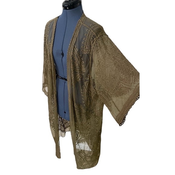 Sonoma Green Embroidered Mesh Lace Sheer Kimono Duster Cover Up Boho Fairy 3XL-4 - Picture 4 of 11